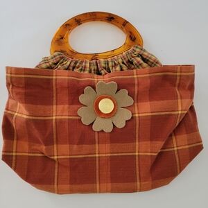 Hand Crafted Orange Brown Plaid Tartan Clutch Purse Handbag Acrylic Handles